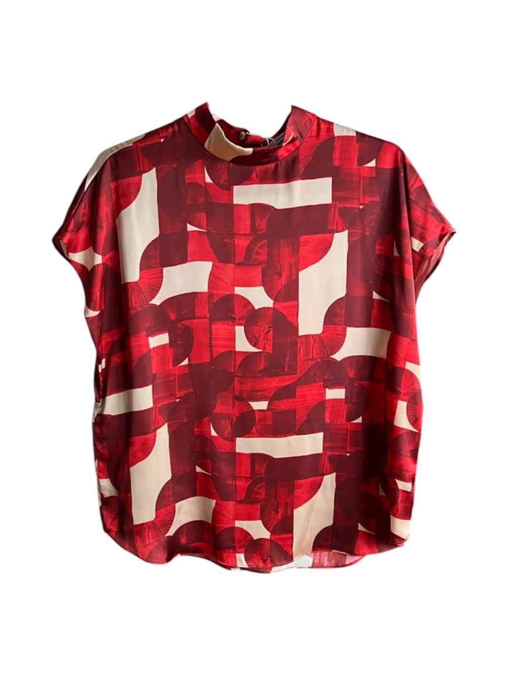 Mango Red and Cream Geometric Short Sleeve Blouse